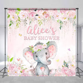 Aperturee - Aperturee Pink Floral Elephant Custom Name Baby Shower Backdrop